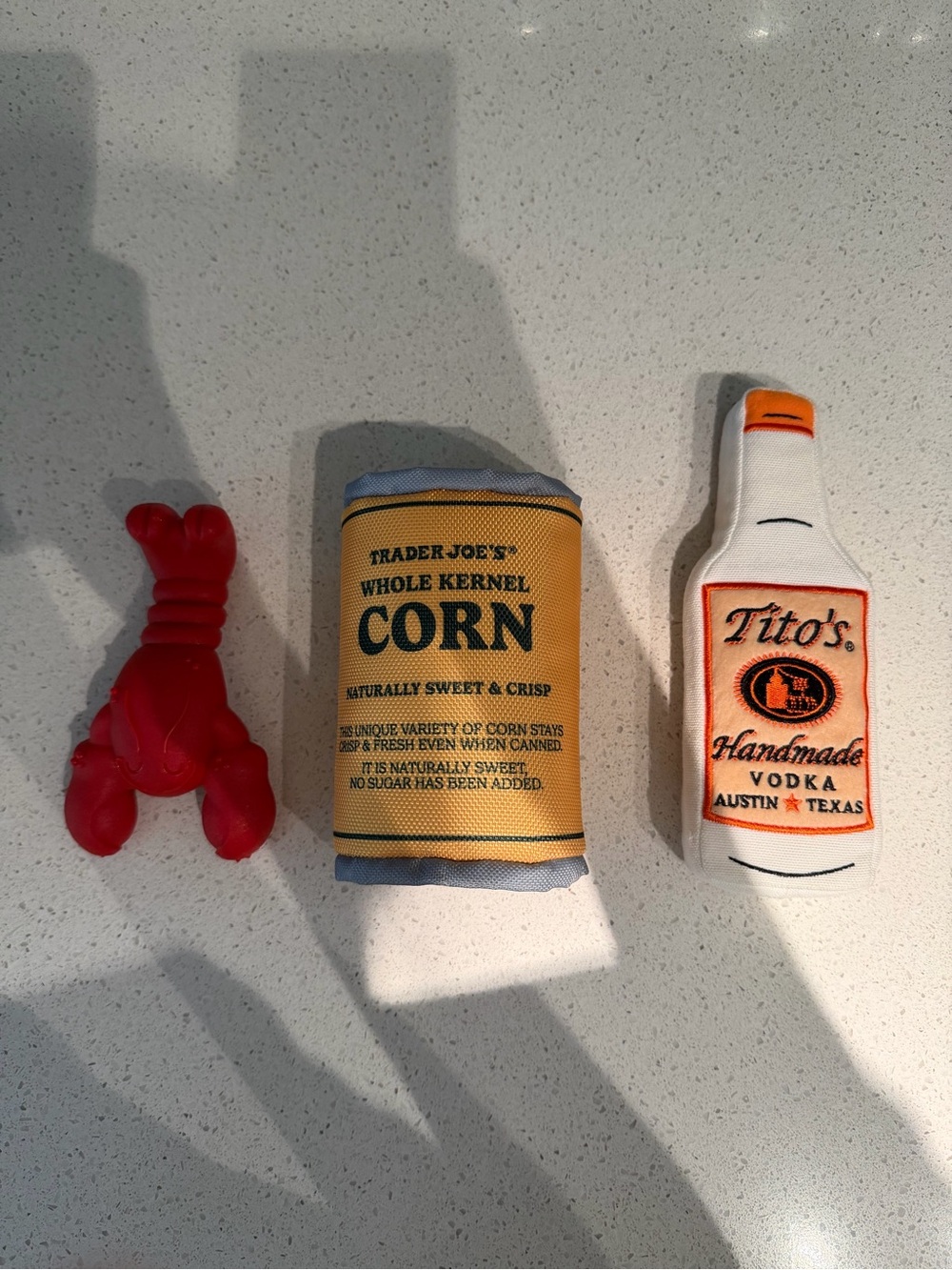 Dog Toy Bundle Nylabone Lobster, Trader Joe’s Corn Can & Tito’s Squeaky Bottle